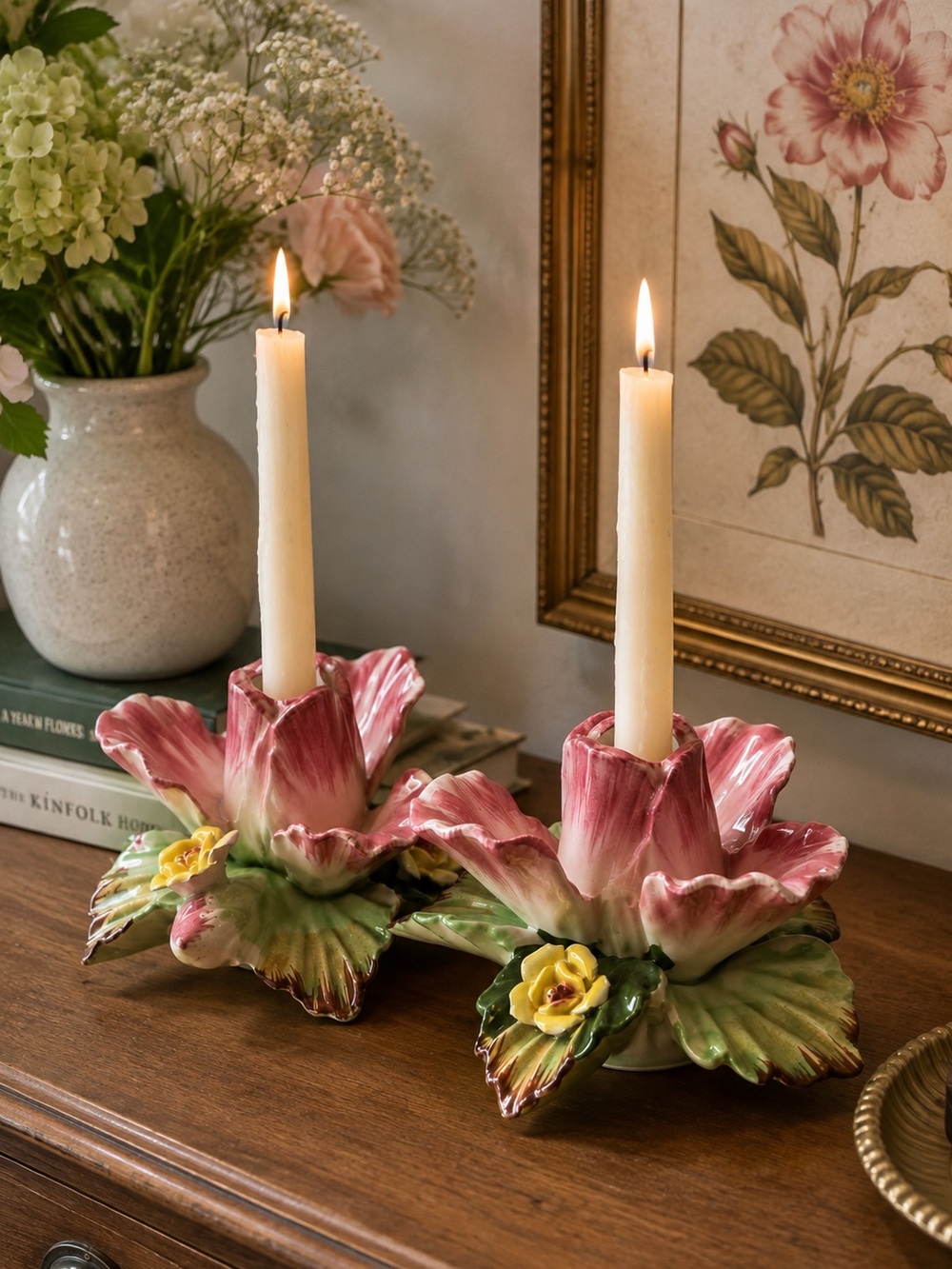 Vintage Hand-Painted Floral Candle Holders – Pair